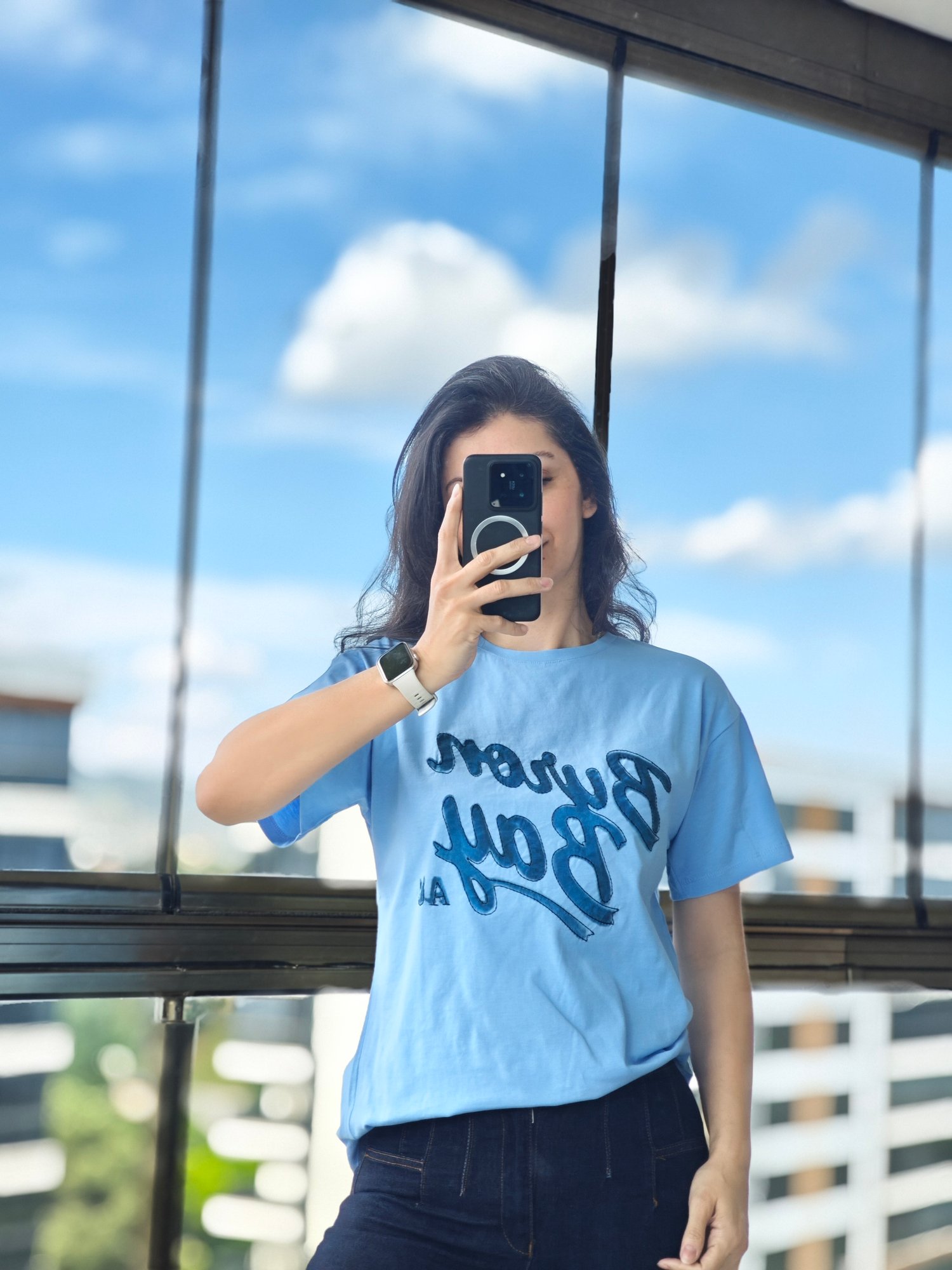 Yazı Detaylı T-shirt Mavi
