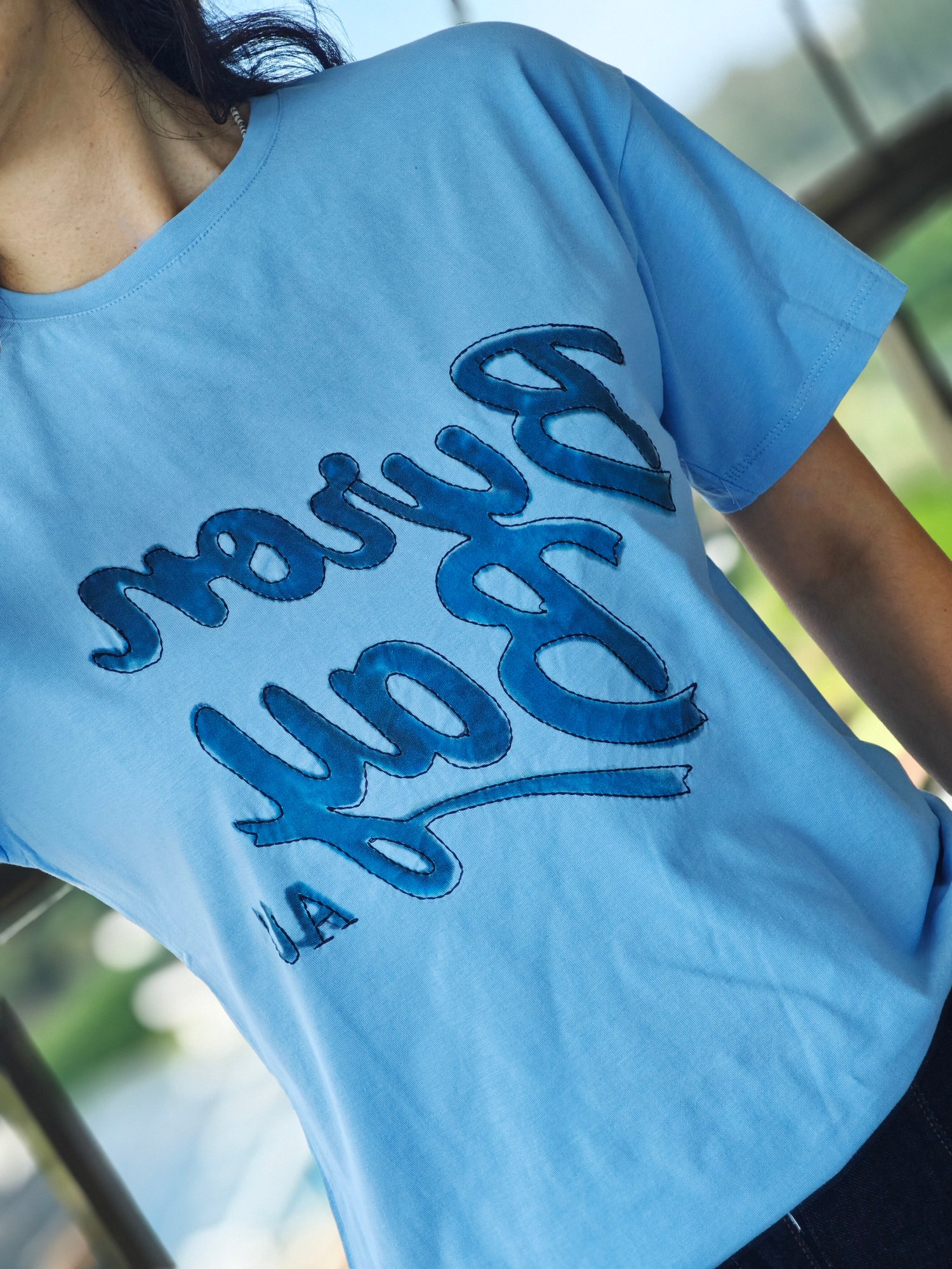 Yazı Detaylı T-shirt Mavi