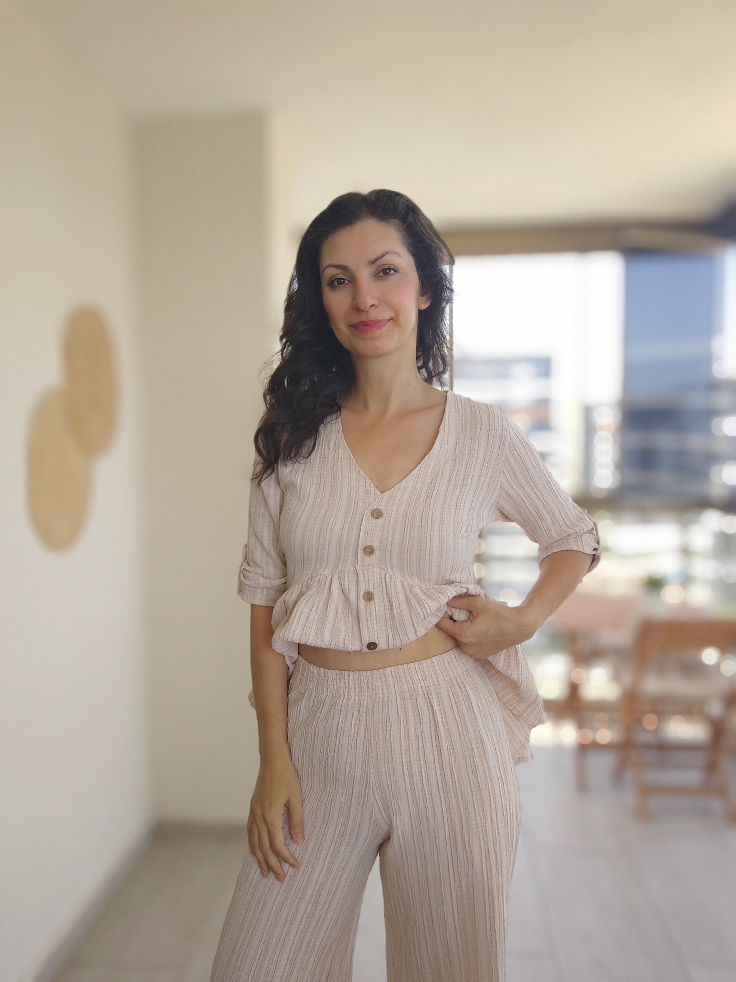 Yüksek Bel Cepli Çizgili Pantolon