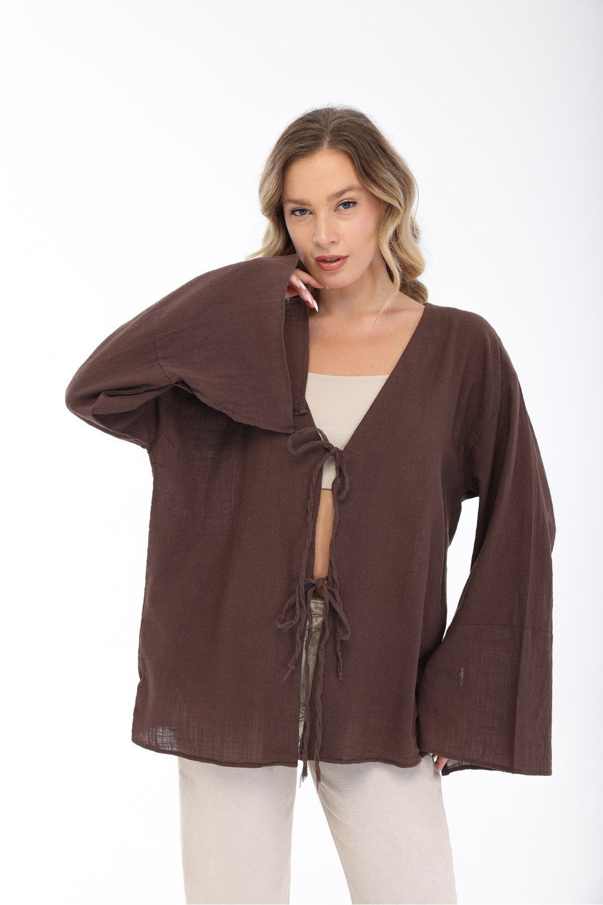 Blayn Kadın Keten Kimono – Oversize Rahat Kalıp Yazlık Uzun Kollu Kimono