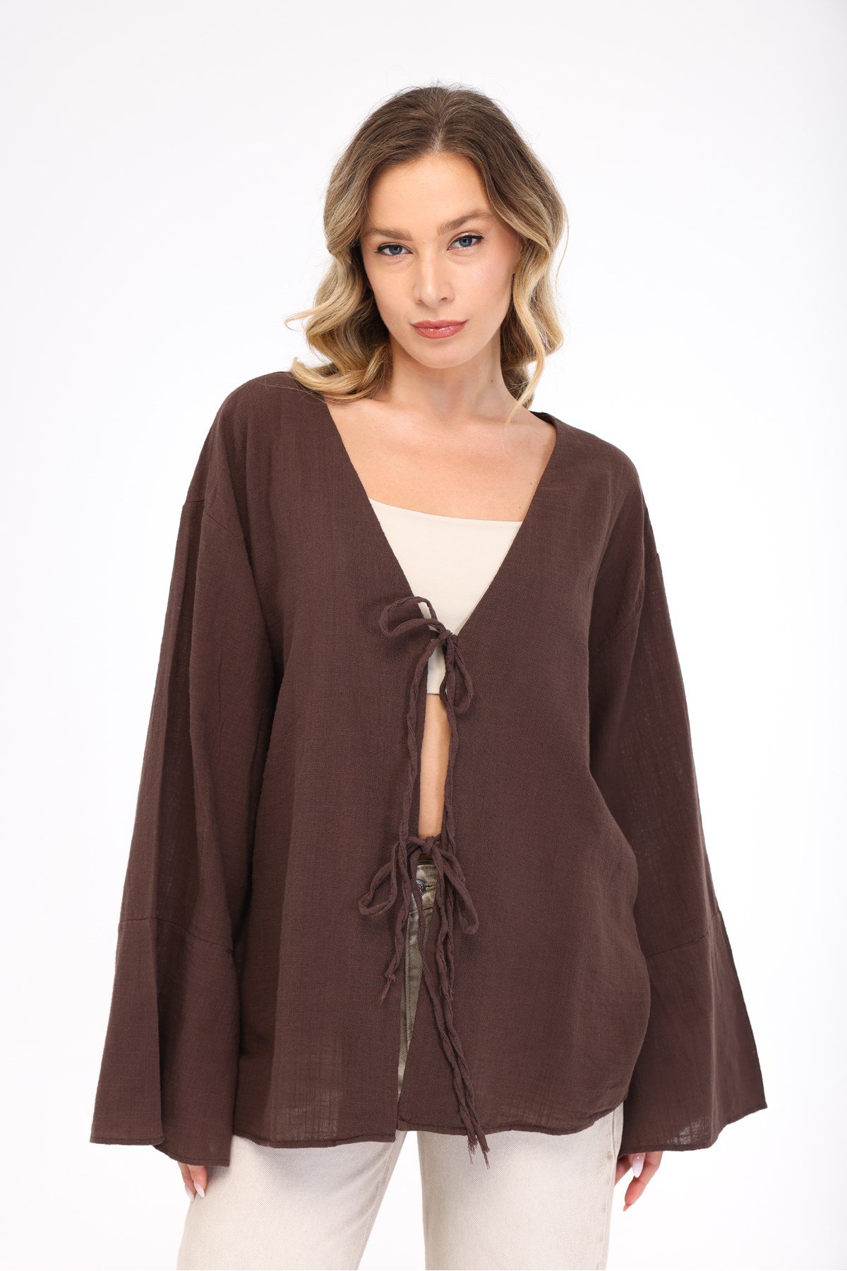 Blayn Kadın Keten Kimono – Oversize Rahat Kalıp Yazlık Uzun Kollu Kimono