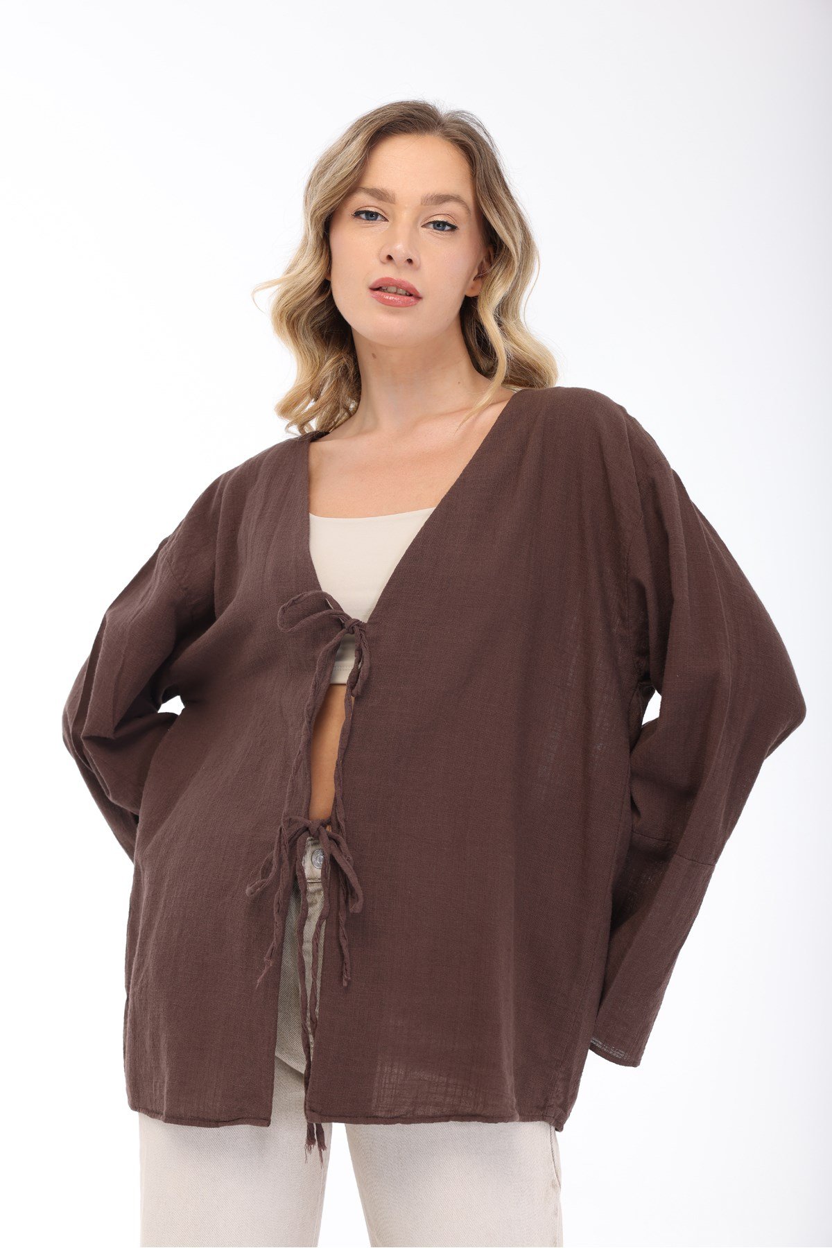 Blayn Kadın Keten Kimono – Oversize Rahat Kalıp Yazlık Uzun Kollu Kimono