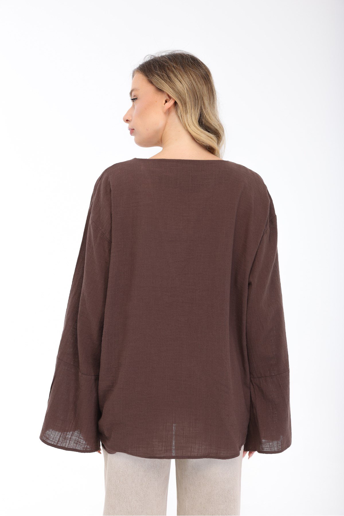Blayn Kadın Keten Kimono – Oversize Rahat Kalıp Yazlık Uzun Kollu Kimono