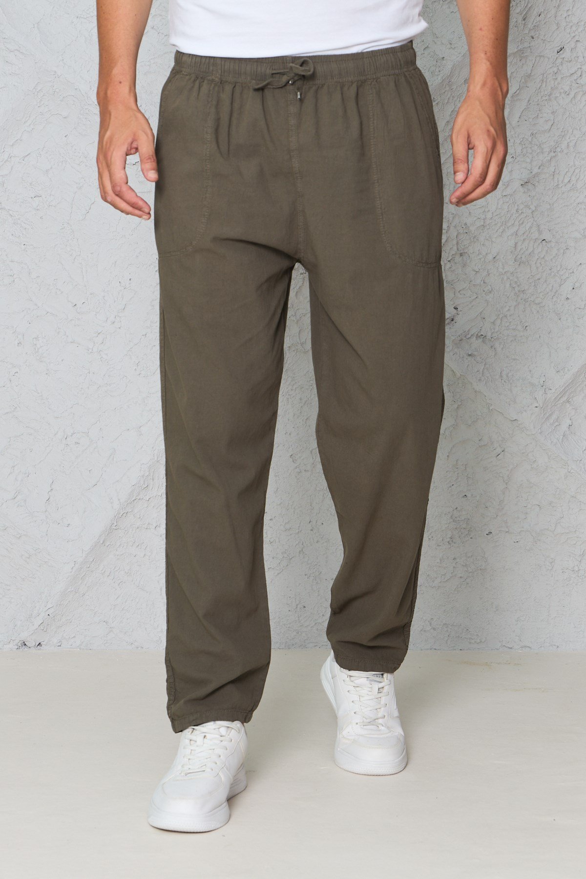 Erkek Haki Jogger Pantolon Beli Lastikli Bağcıklı %100 Pamuk Keten Baggy Rahat Günlük Pantolon