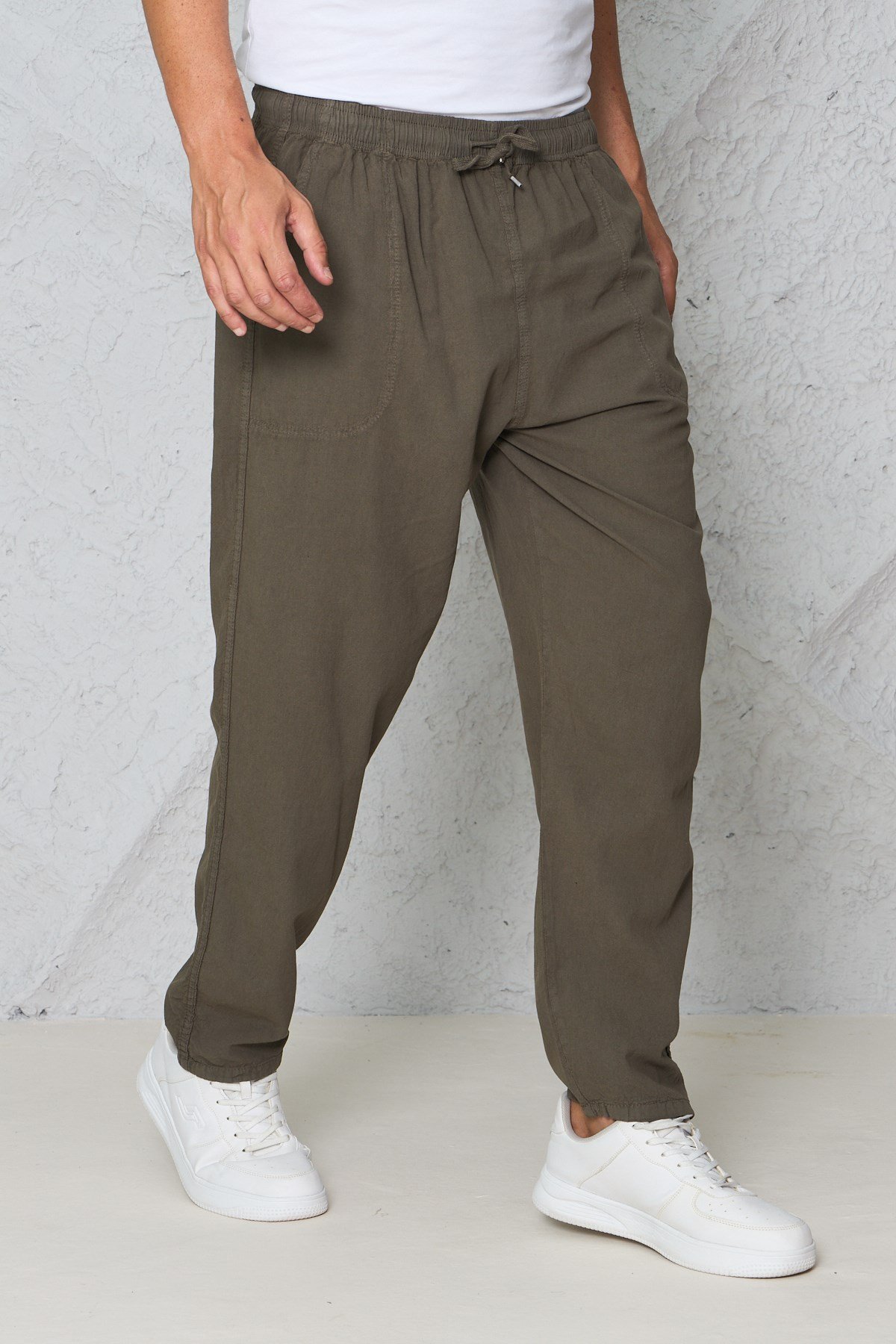 Erkek Haki Jogger Pantolon Beli Lastikli Bağcıklı %100 Pamuk Keten Baggy Rahat Günlük Pantolon