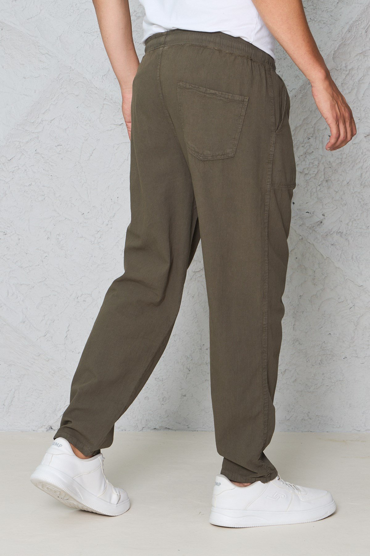 Erkek Haki Jogger Pantolon Beli Lastikli Bağcıklı %100 Pamuk Keten Baggy Rahat Günlük Pantolon