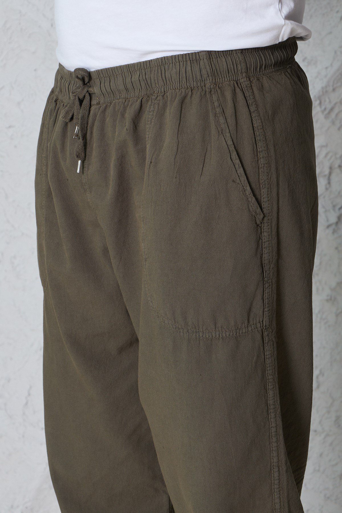 Erkek Haki Jogger Pantolon Beli Lastikli Bağcıklı %100 Pamuk Keten Baggy Rahat Günlük Pantolon