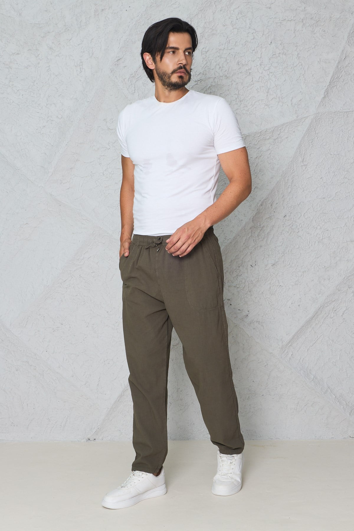 Erkek Haki Jogger Pantolon Beli Lastikli Bağcıklı %100 Pamuk Keten Baggy Rahat Günlük Pantolon