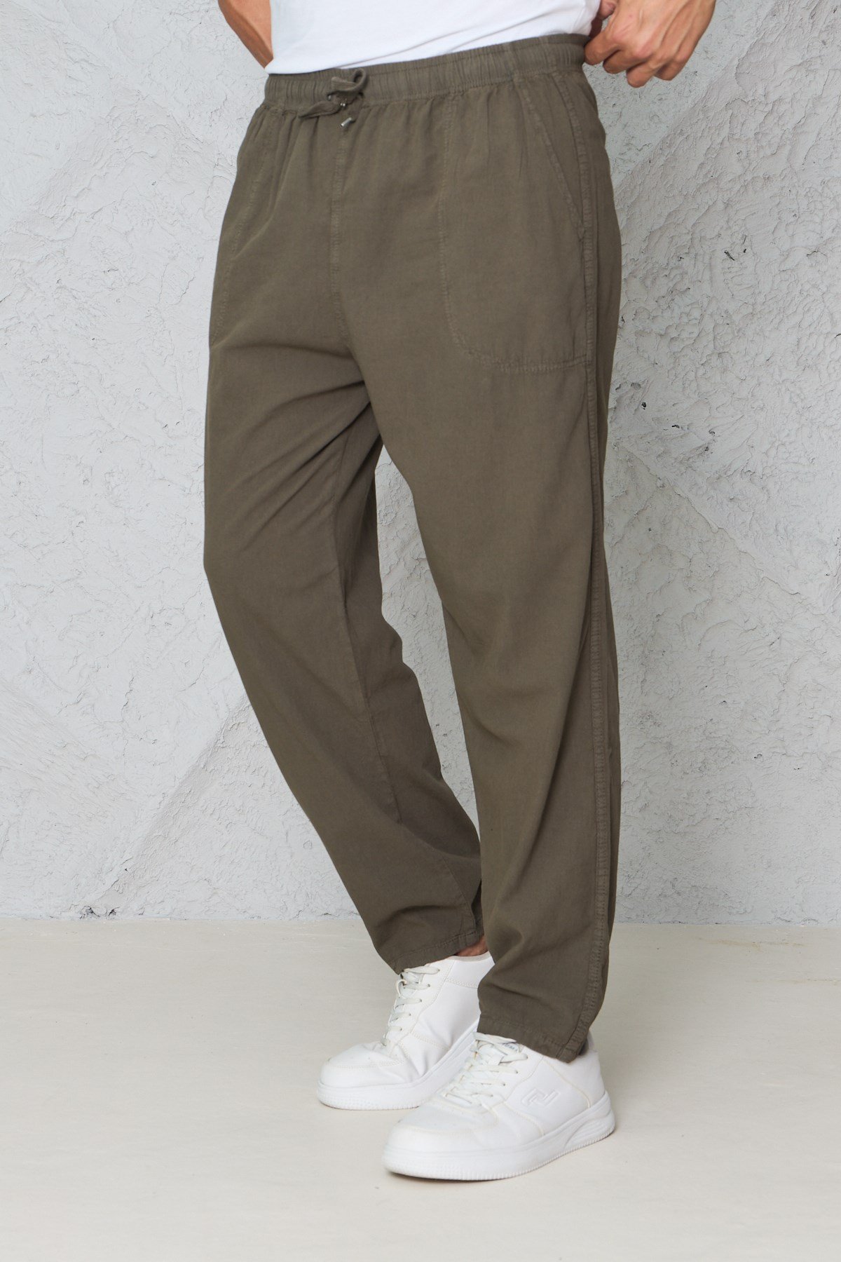 Erkek Haki Jogger Pantolon Beli Lastikli Bağcıklı %100 Pamuk Keten Baggy Rahat Günlük Pantolon