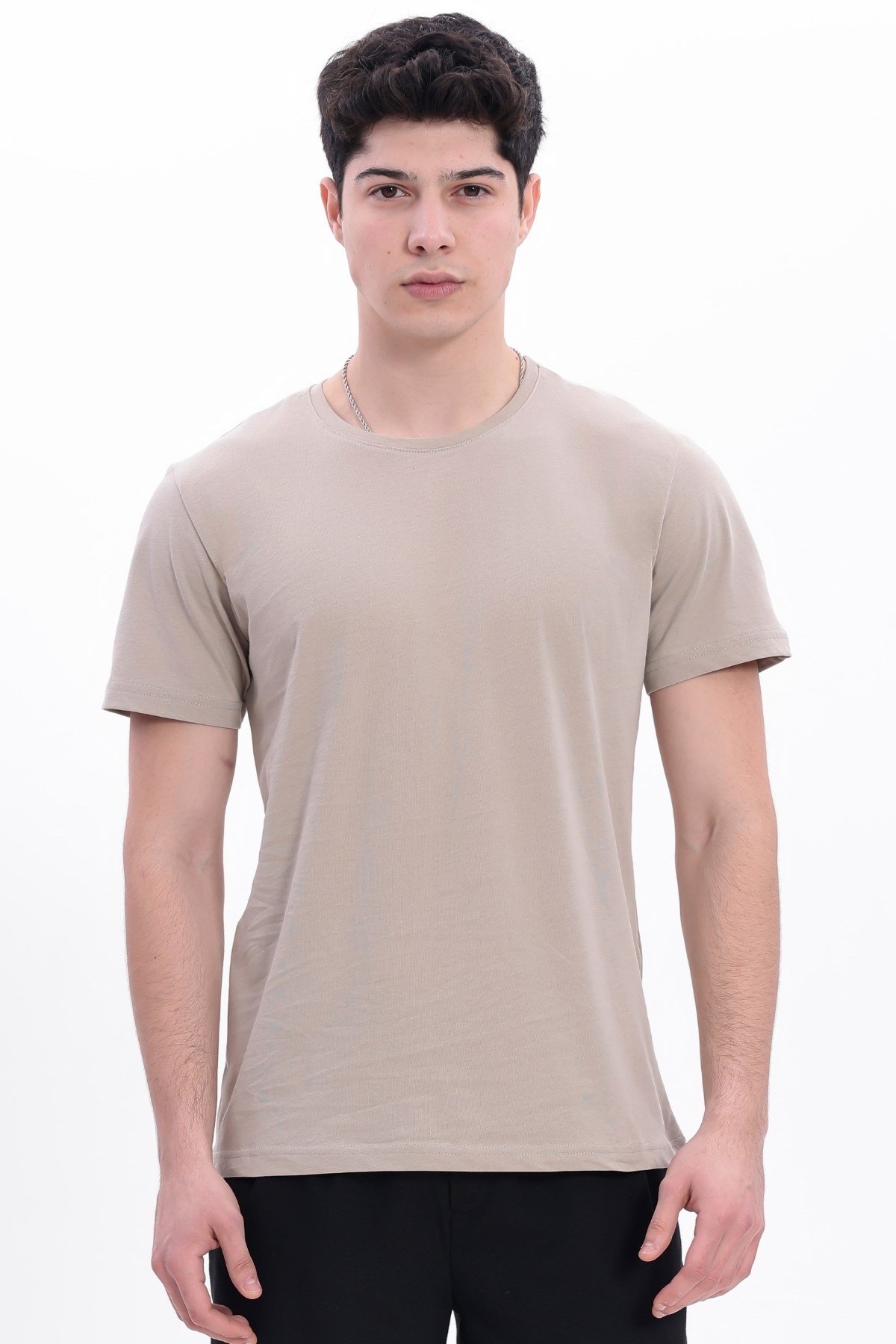Erkek Krem Basic Tişört – Regular Fit Bisiklet Yaka %100 Pamuk 30/1 Süprem Kumaş Günlük T-Shirt