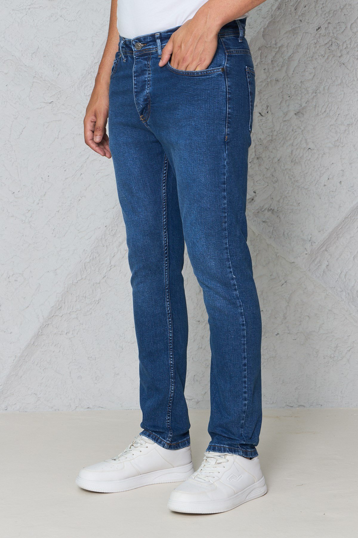 Erkek Lacivert Kot Pantolon Urban Fit Denim Esnek Rahat Kalıp Günlük Jean Pantolon