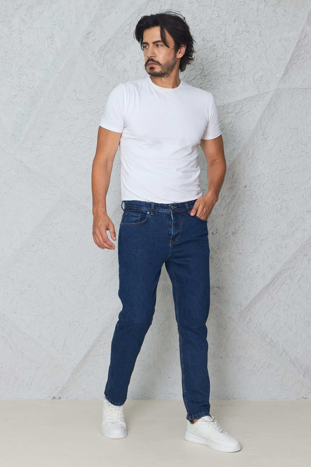Erkek Lacivert Kot Pantolon Urban Fit Denim Esnek Rahat Kalıp Günlük Jean Pantolon