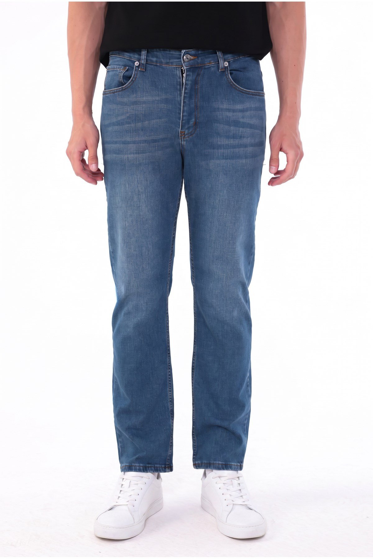 Erkek mavi Diz İzi Yapmayan Pamuklu Esnek Denim Jean Kot Pantolon Regular Kalıp