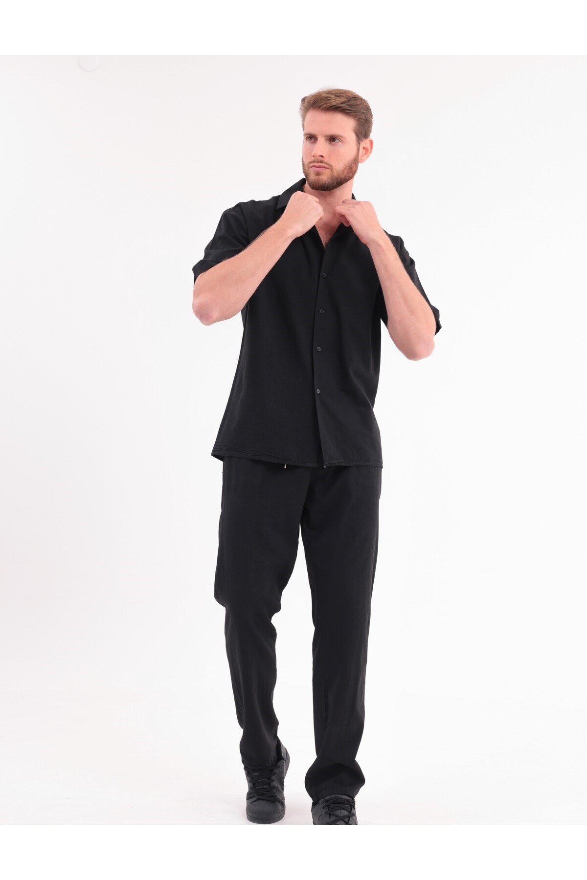 Erkek Siyah Keten Takım Oversize Gömlek & Pantolon 2’li Set Bağcıklı Rahat Yazlık Kombin