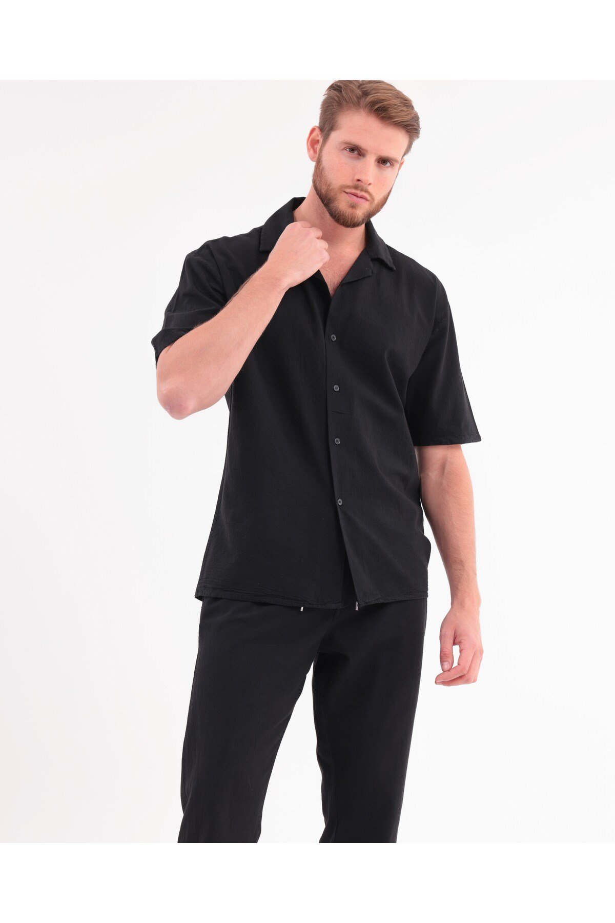 Erkek Siyah Keten Takım Oversize Gömlek & Pantolon 2’li Set Bağcıklı Rahat Yazlık Kombin