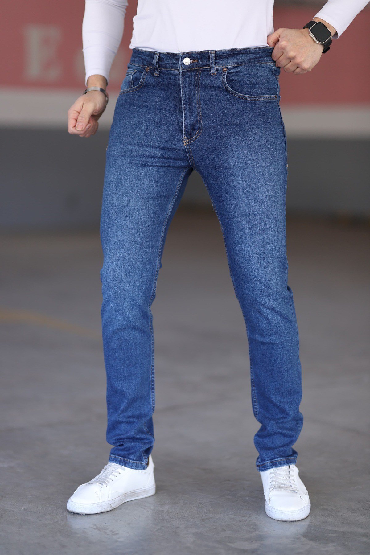 Koyu Mavi Likralı Erkek Kot Pantolon - Regular Fit, Normal Bel, Kalın Kumaş