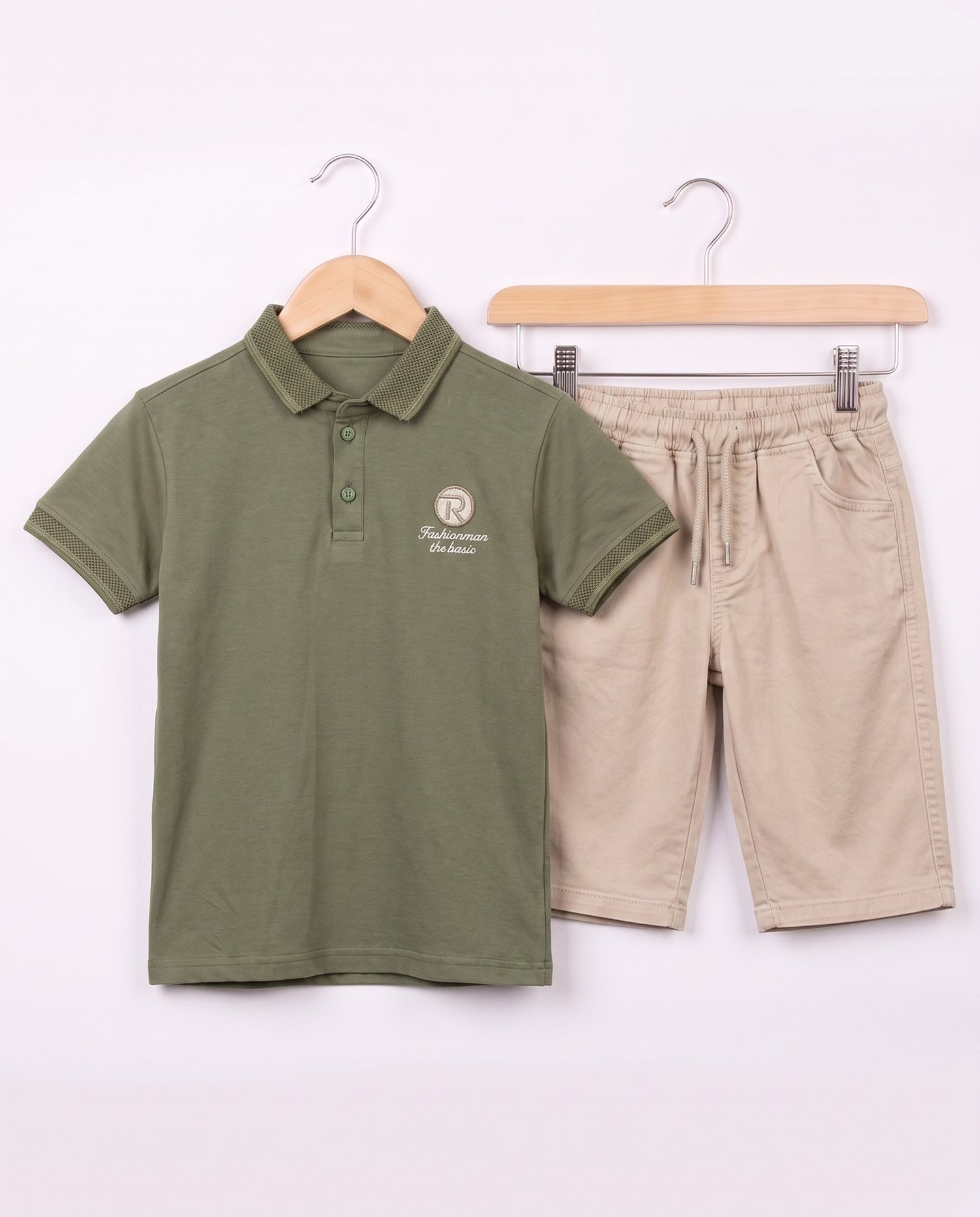 13352-1 Polo Yaka Logo Detaylı Keten Şortlu Erkek Takım YEŞİL