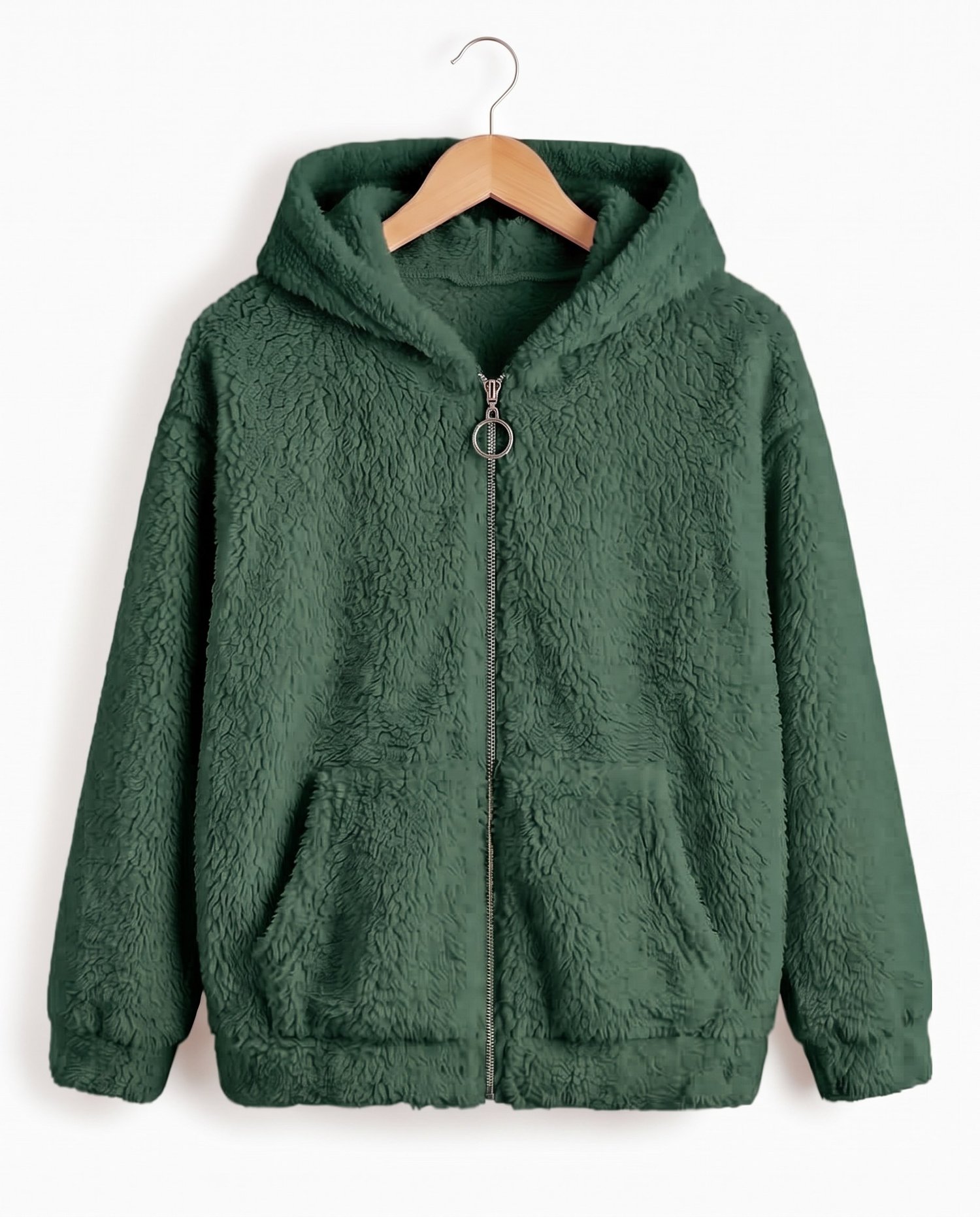 15602-1  Kapüşonlu Fermuarlı Unisex Peluş Hırka (3-7) ZÜMRÜT YEŞİL