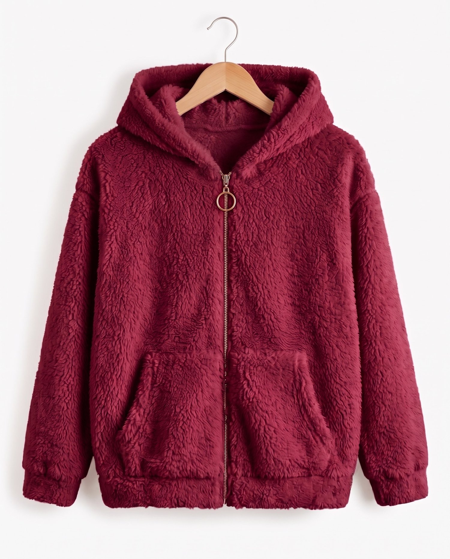 15602-1  Kapüşonlu Fermuarlı Unisex Peluş Hırka (3-7) BORDO