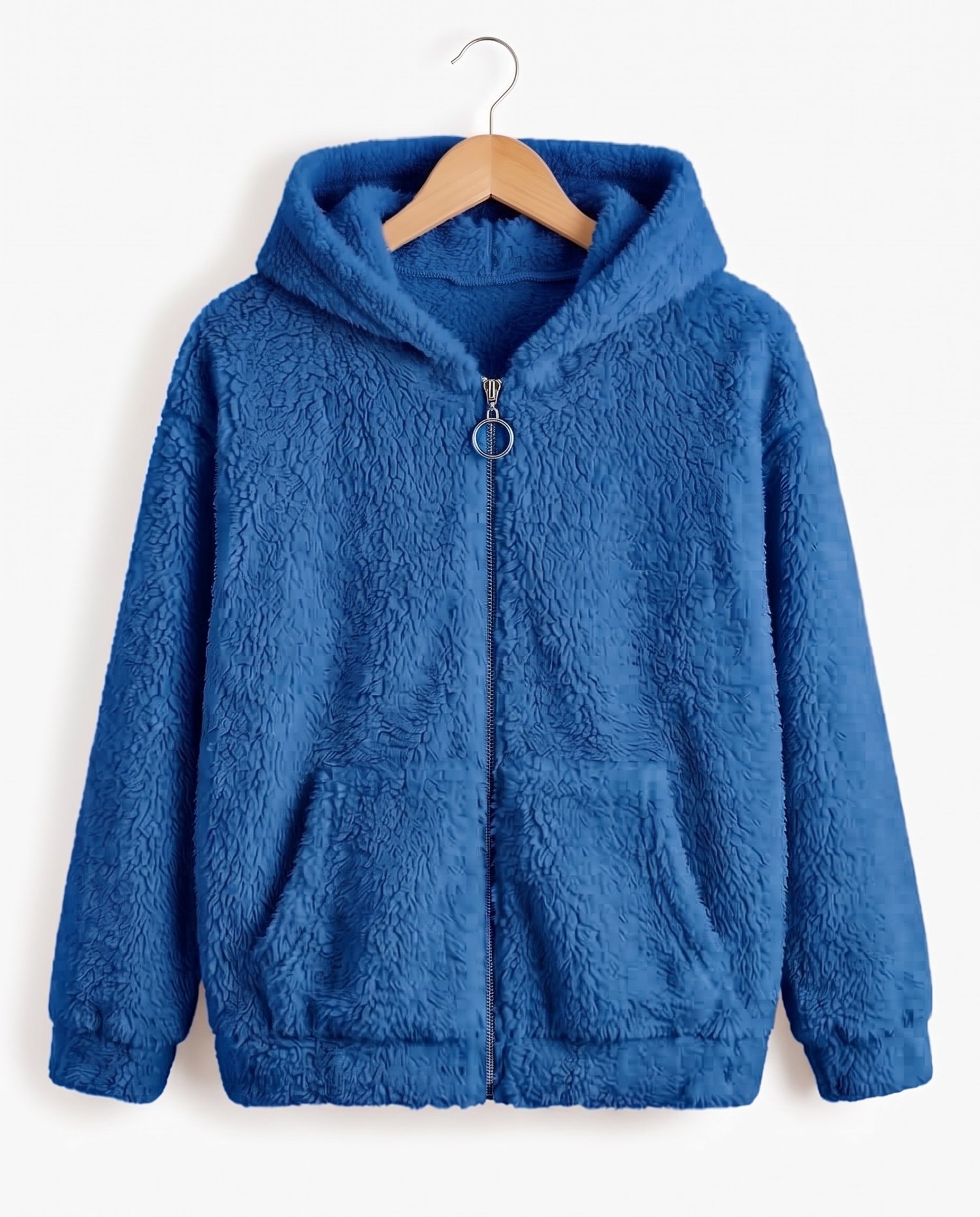 15602-1  Kapüşonlu Fermuarlı Unisex Peluş Hırka (3-7) MAVİ