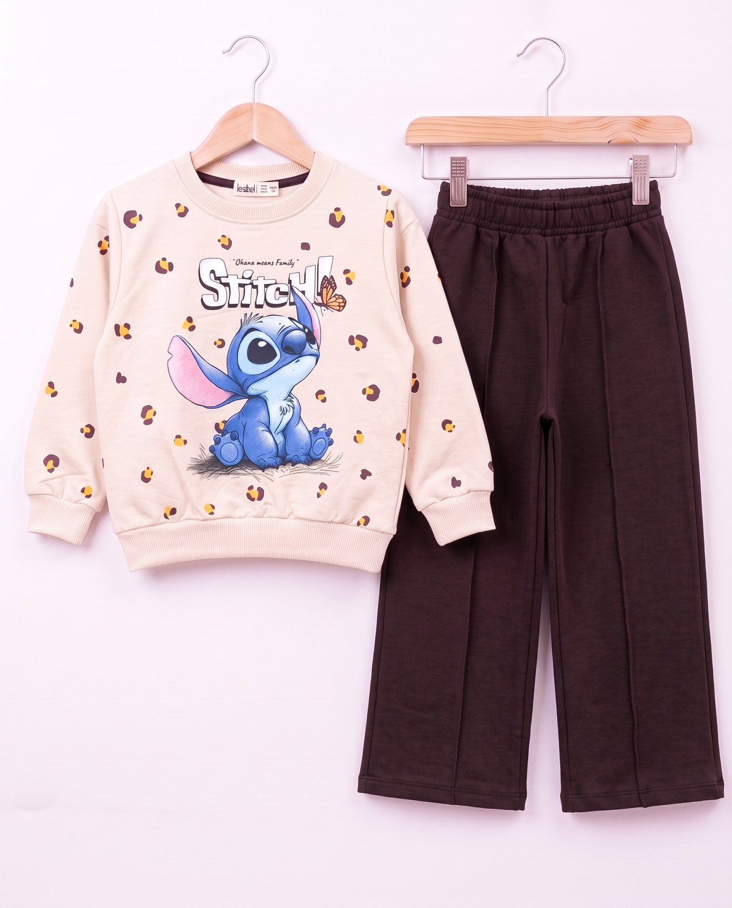 261052 Stitch Baskılı Bol Paça Kız Çocuk Takım KAHVE