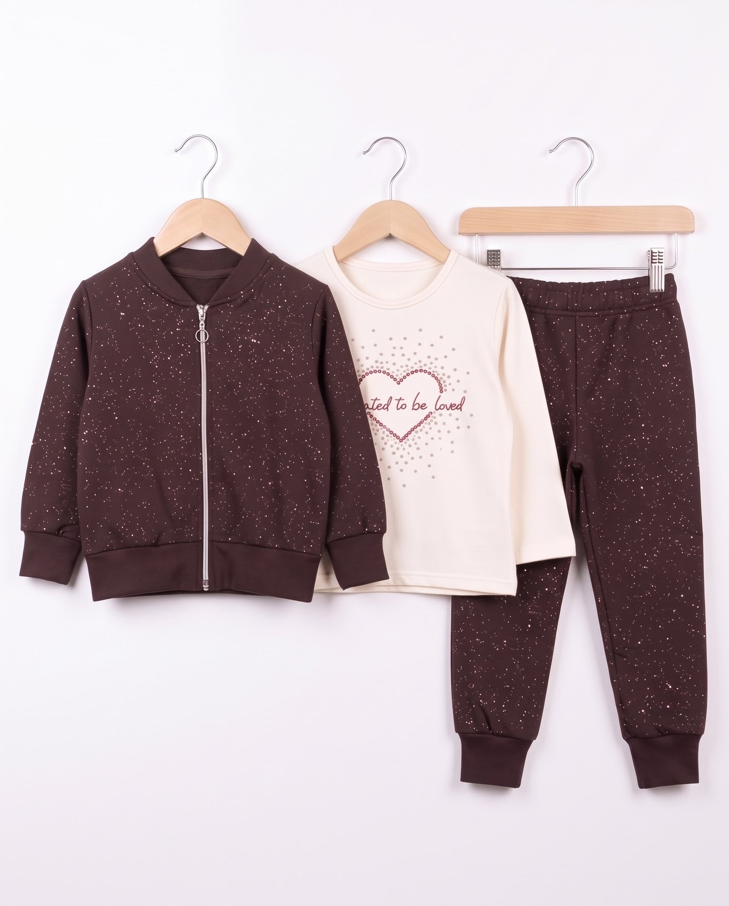 261122 Kalp Desenli Simli Kız Çocuk 3 Lü Takım KAHVE