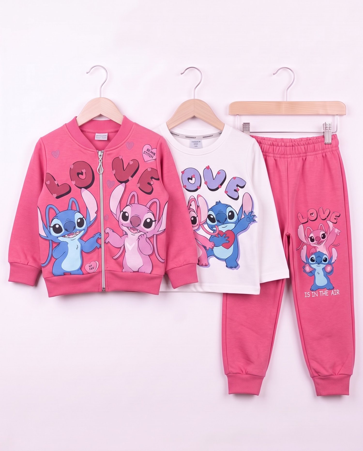 261176 Stitch Baskılı Şardonlu Hırkalı 3 Lü Kız Takım FUŞYA
