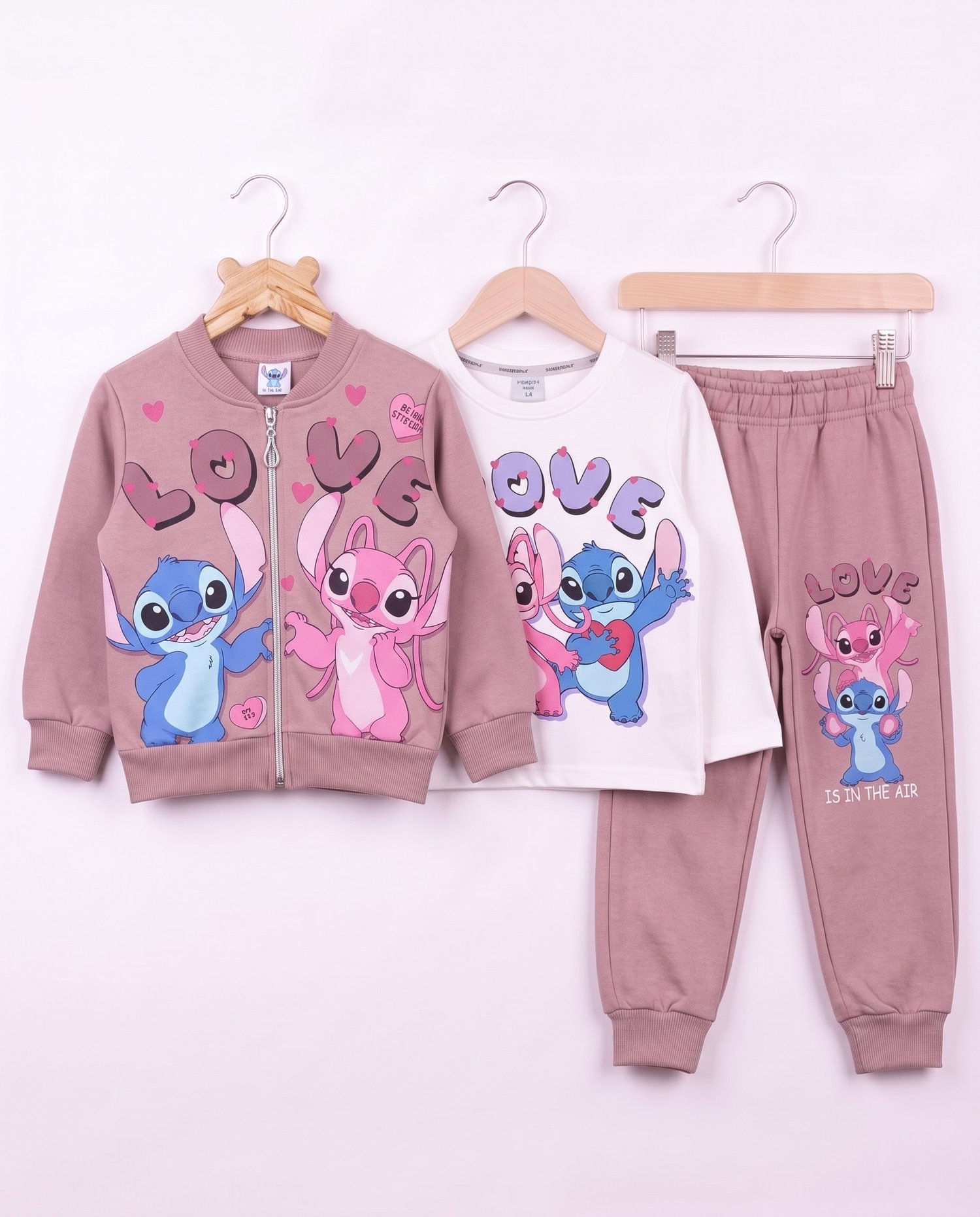 261176 Stitch Baskılı Şardonlu Hırkalı 3 Lü Kız Takım GÜL KURUSU