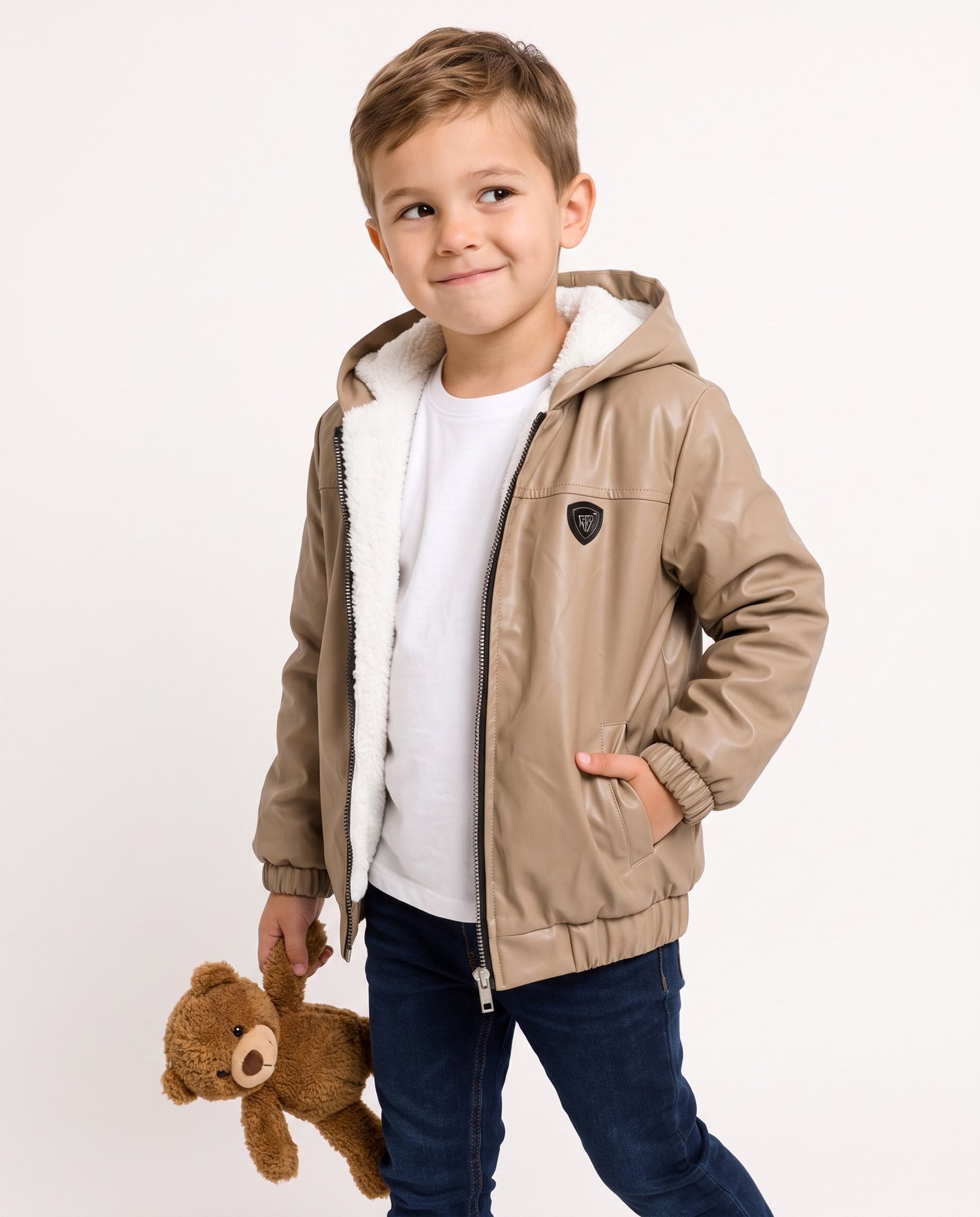 4601 Kapüşonlu İçi Polar Deri Mont BEJ