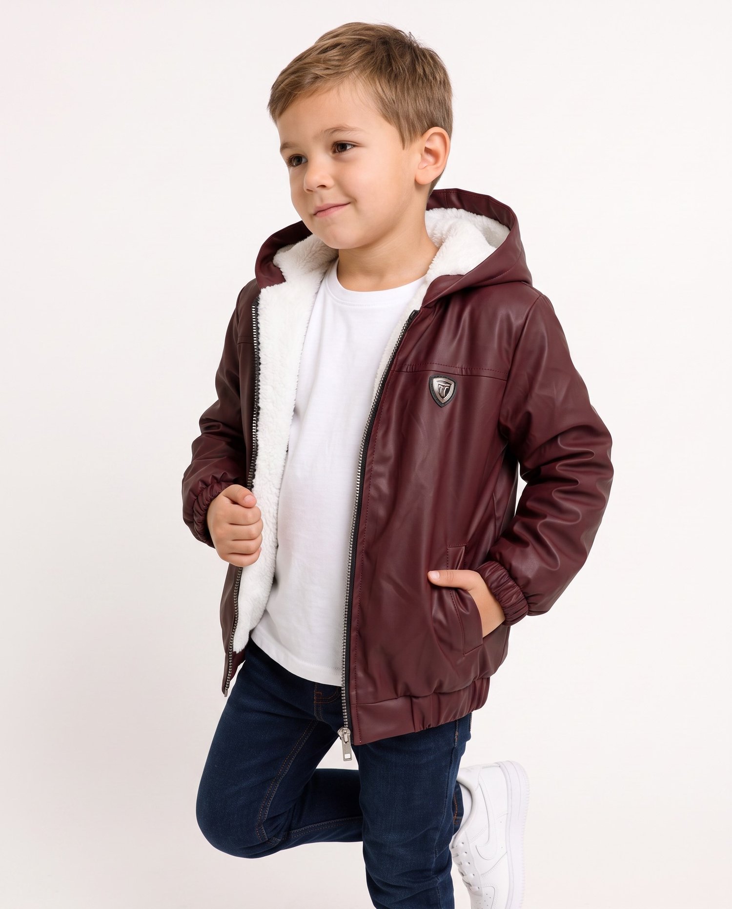 4601 Kapüşonlu İçi Polar Deri Mont BORDO