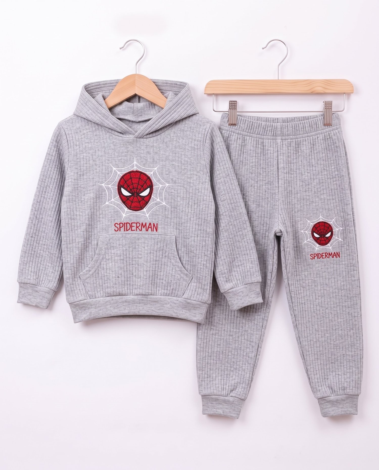 4649 Spıderman Baskılı Kapüşonlu Fitilli Erkek Çocuk Takım GRİ