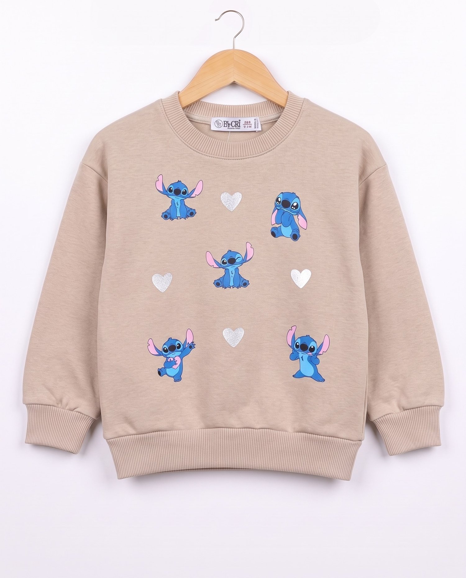 4677 Stittch Kalp Baskılı 3 İp Kız Çocuk Sweat BEJ