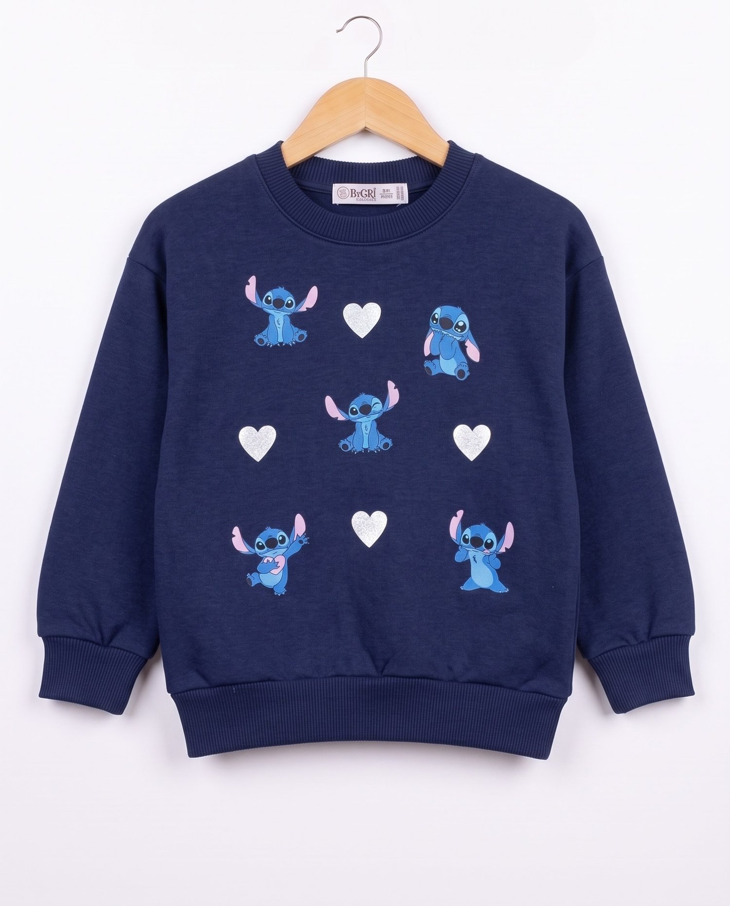 4677 Stittch Kalp Baskılı 3 İp Kız Çocuk Sweat LACİVERT