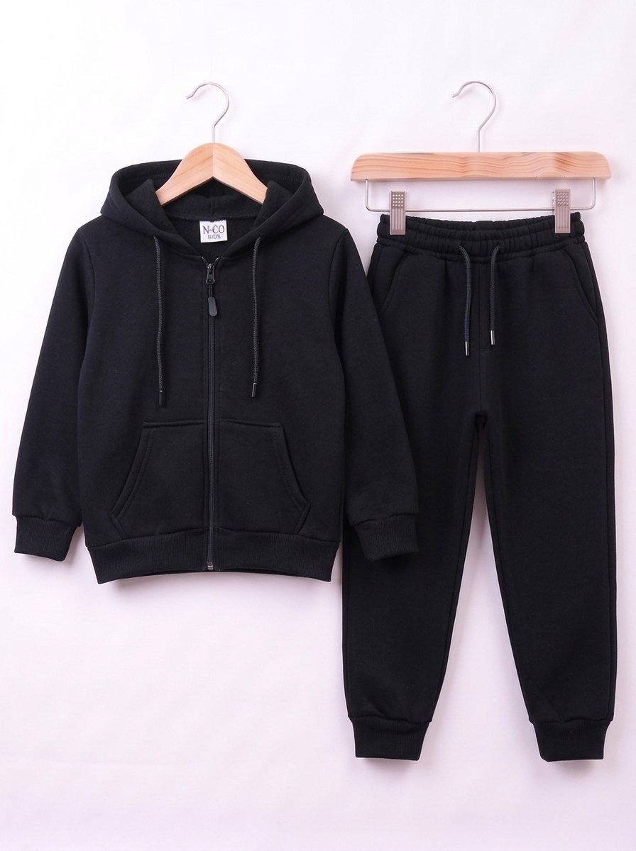 4692 Kapüşonlu Fermuarlı 3 İp Polar Unisex Takım SİYAH