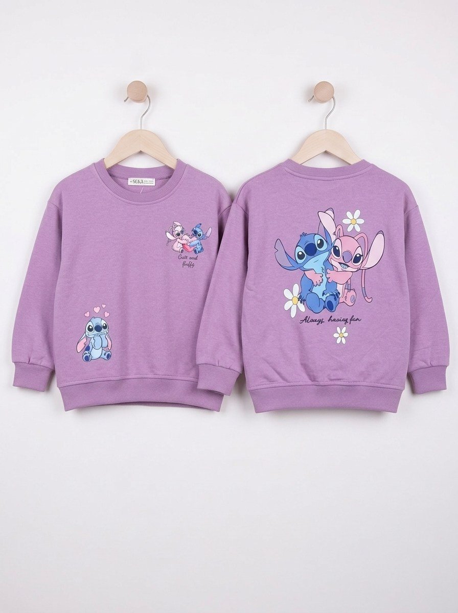 4696 Stitch Ön Arka Baskı Kompakt Kumaş Kız Sweat LİLA
