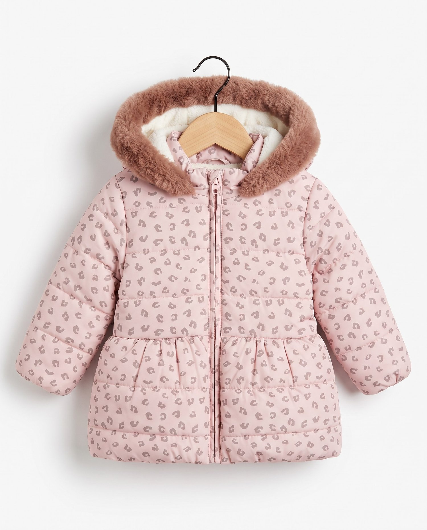 50327-1 Leopar Desenli İçi Peluş Kız Çocuk Mont PUDRA