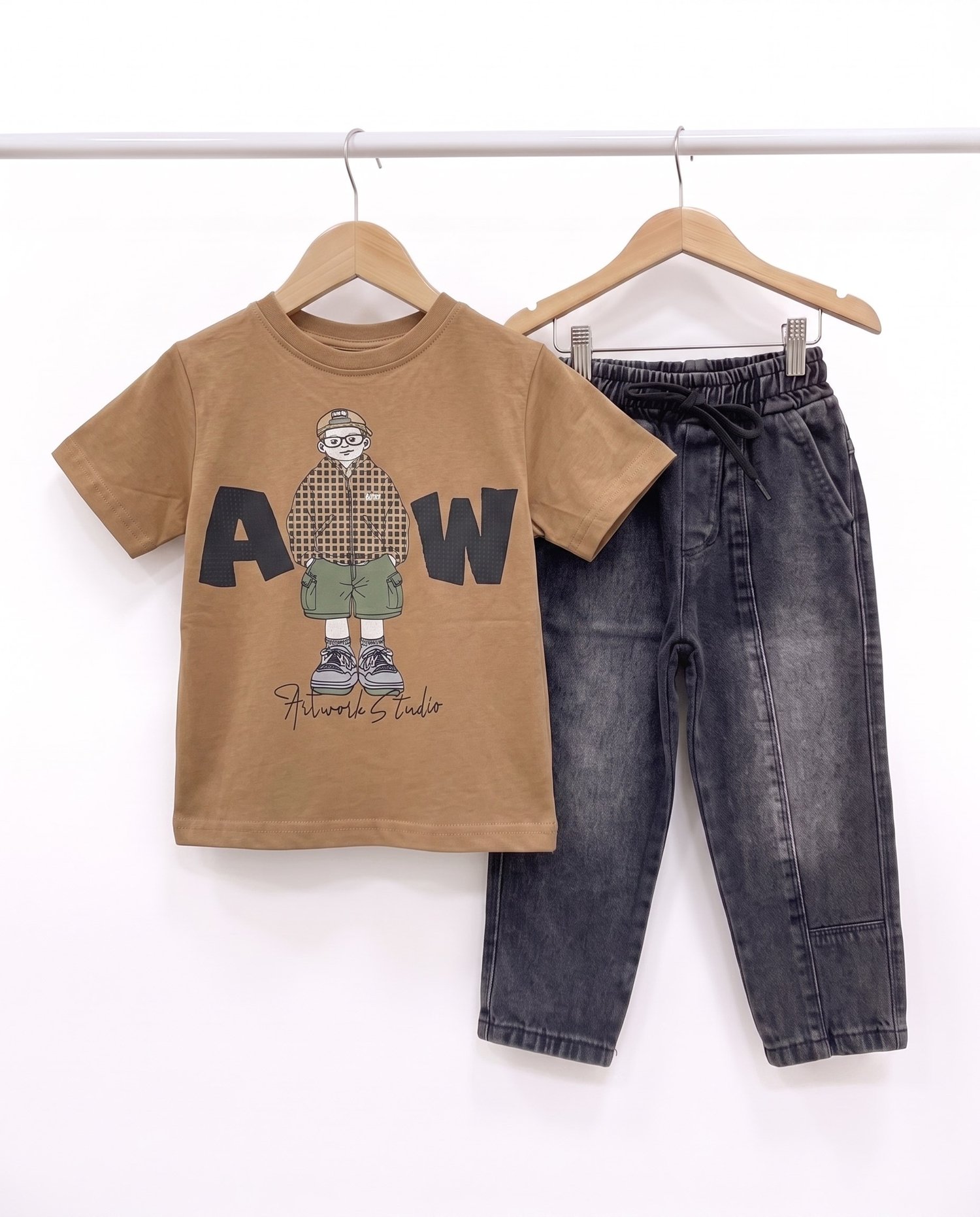50409-1 Baskılı Tişört Baggy Jean Pantolonlu Erkek Takım KAHVE