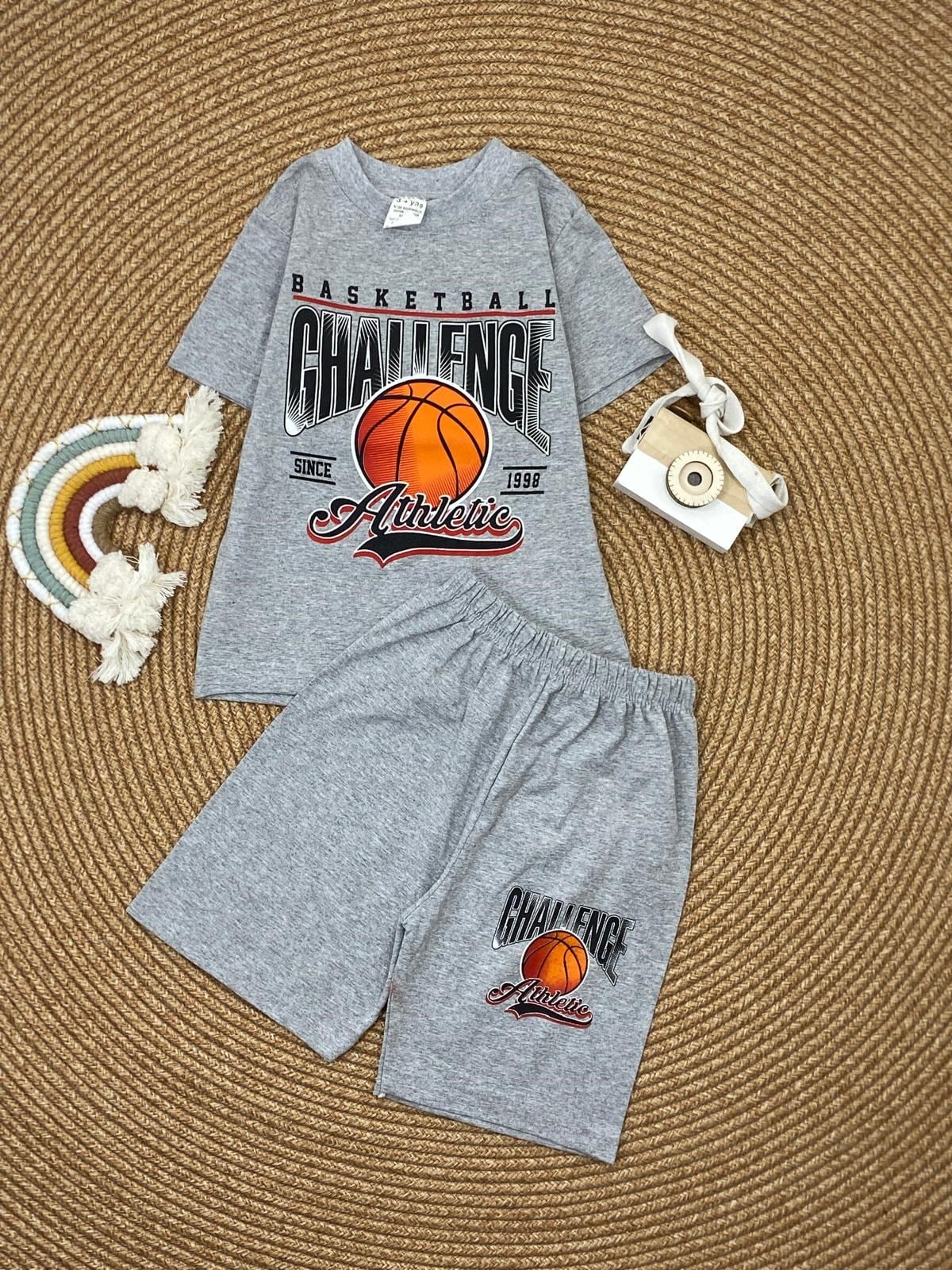 W4541 BASKETBALL BASKILI ŞORTLU TAKIM GRİ