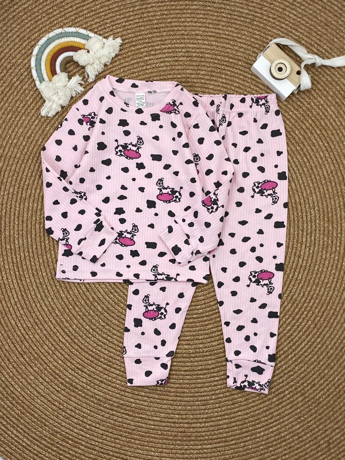 W4542 SEVİMLİ İNEK DESENLİ PİJAMA TAKIMI PEMBE