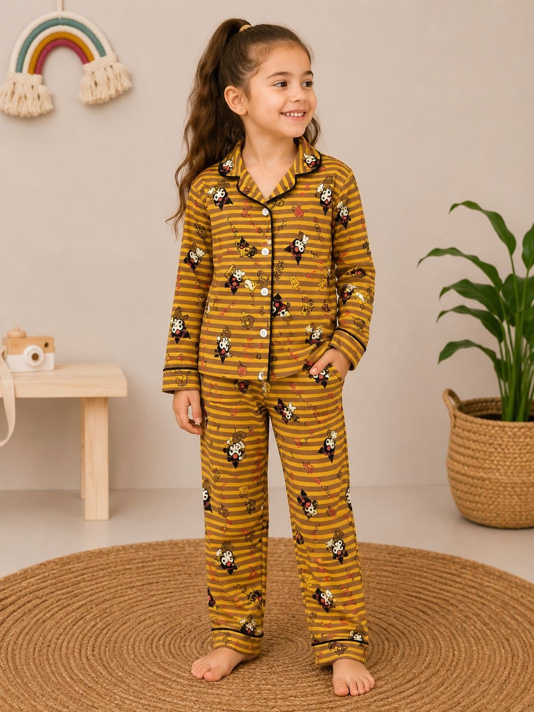 W4554 DÜĞMELİ KUROMİ PİJAMA TAKIMI SARI