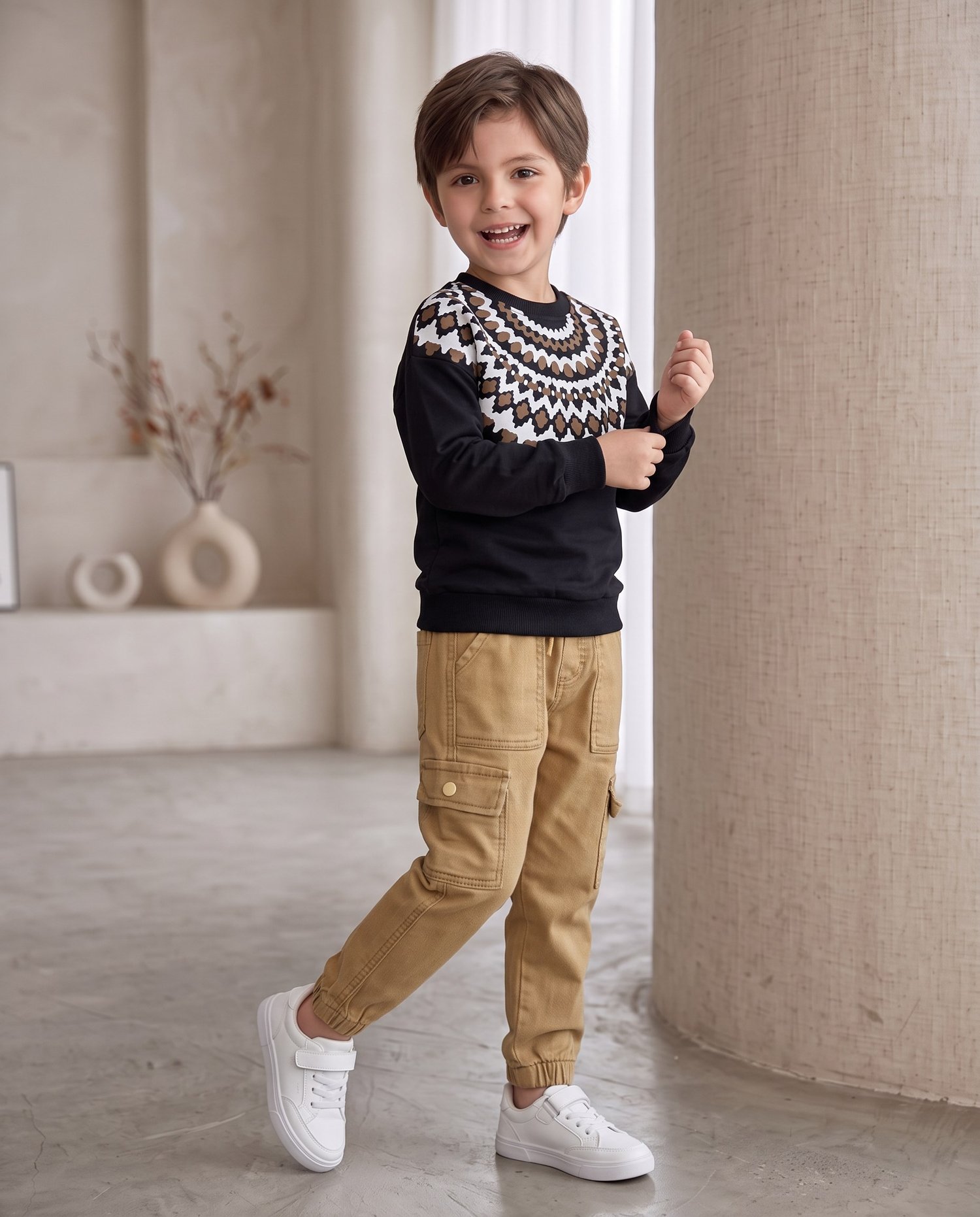 W4564 etnik desenli erkek çocuk takım SİYAH