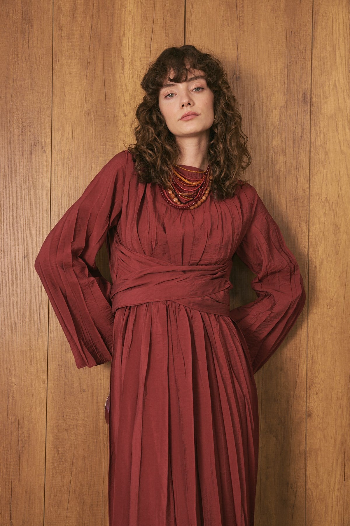 Crush Bel Detaylı Premium Elbise Bordo