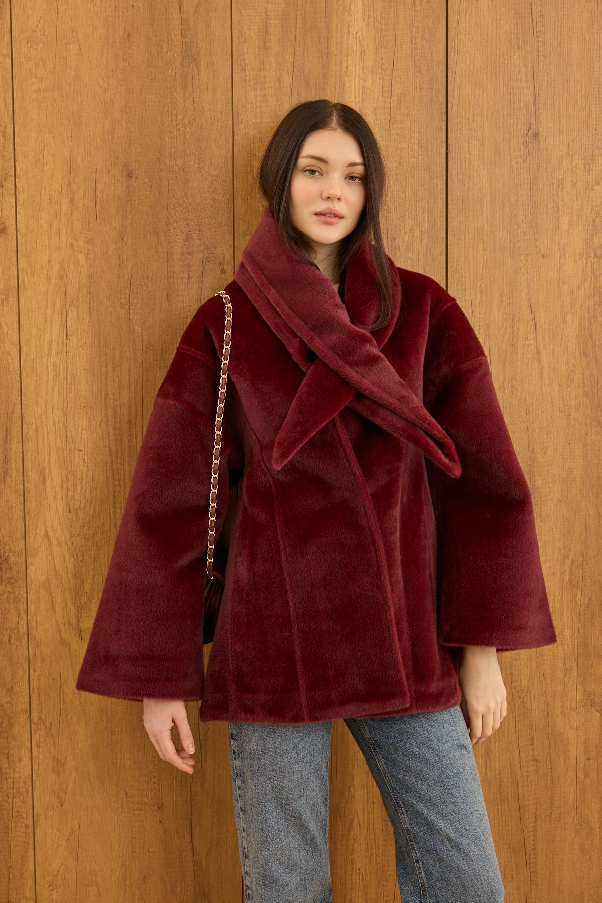Fularlı Oturtmalı Midi Fox Kaban Bordo