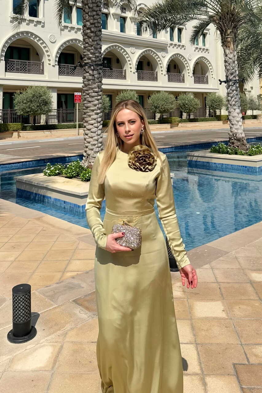 Monica Saten Abiye Elbise Çağla Yeşili