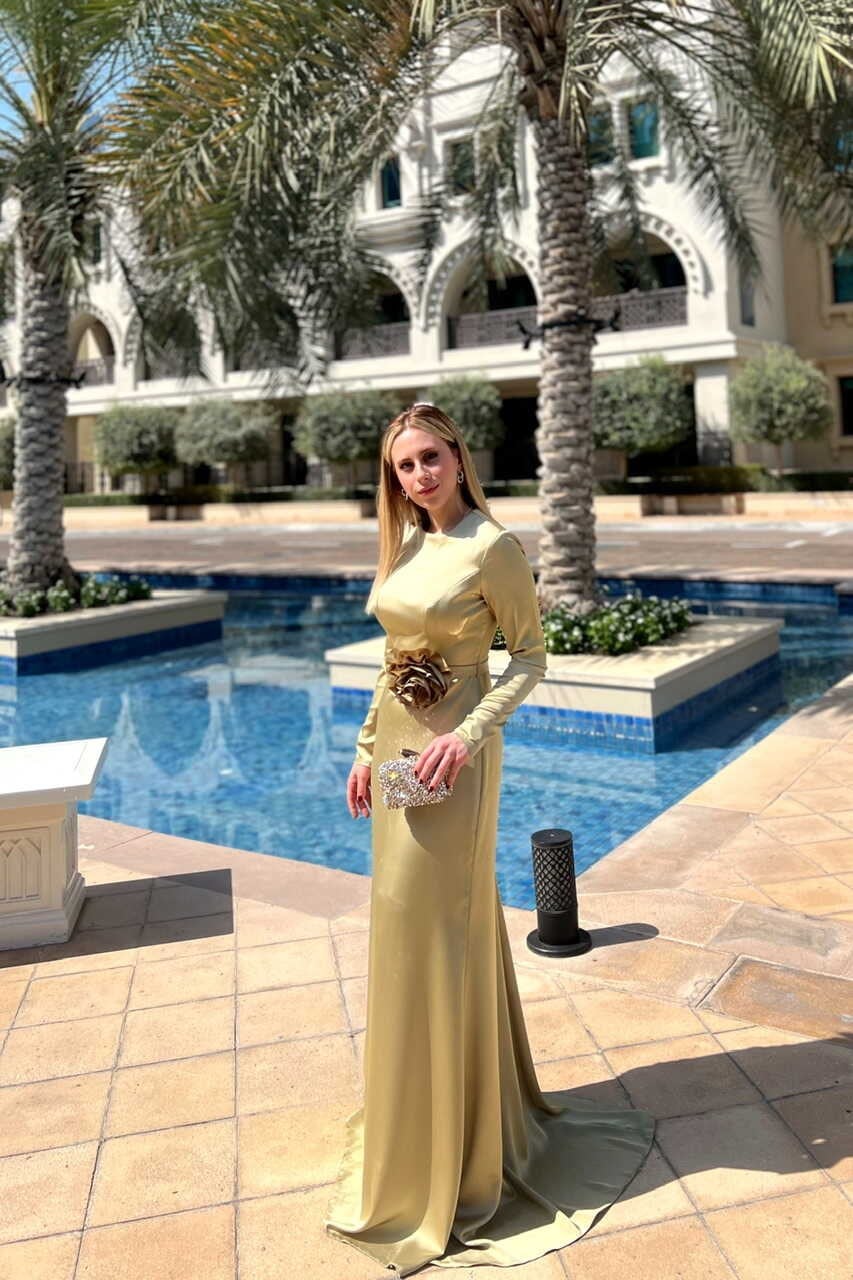 Monica Saten Abiye Elbise Çağla Yeşili