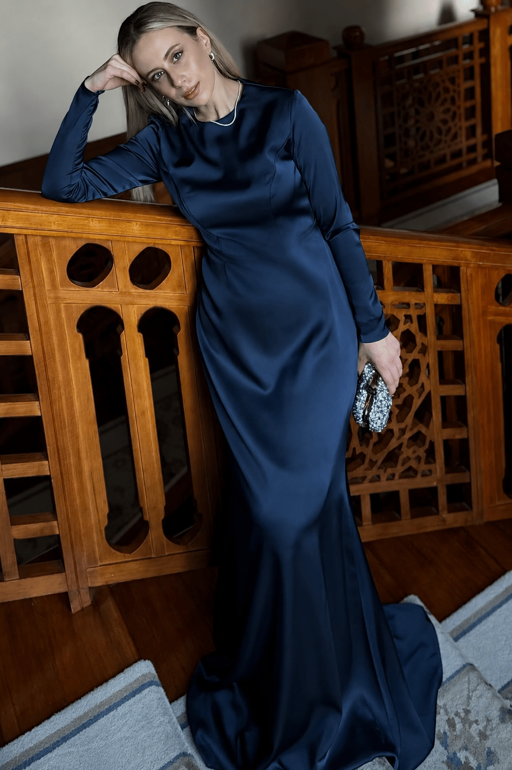 Monica Saten Abiye Elbise Lacivert