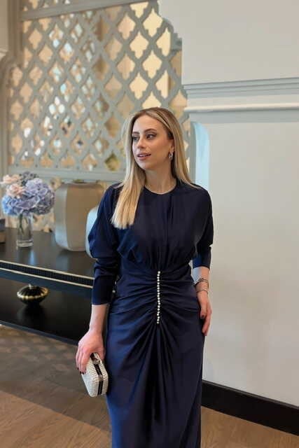 Perla Taşlı Saten Abiye Elbise Lacivert