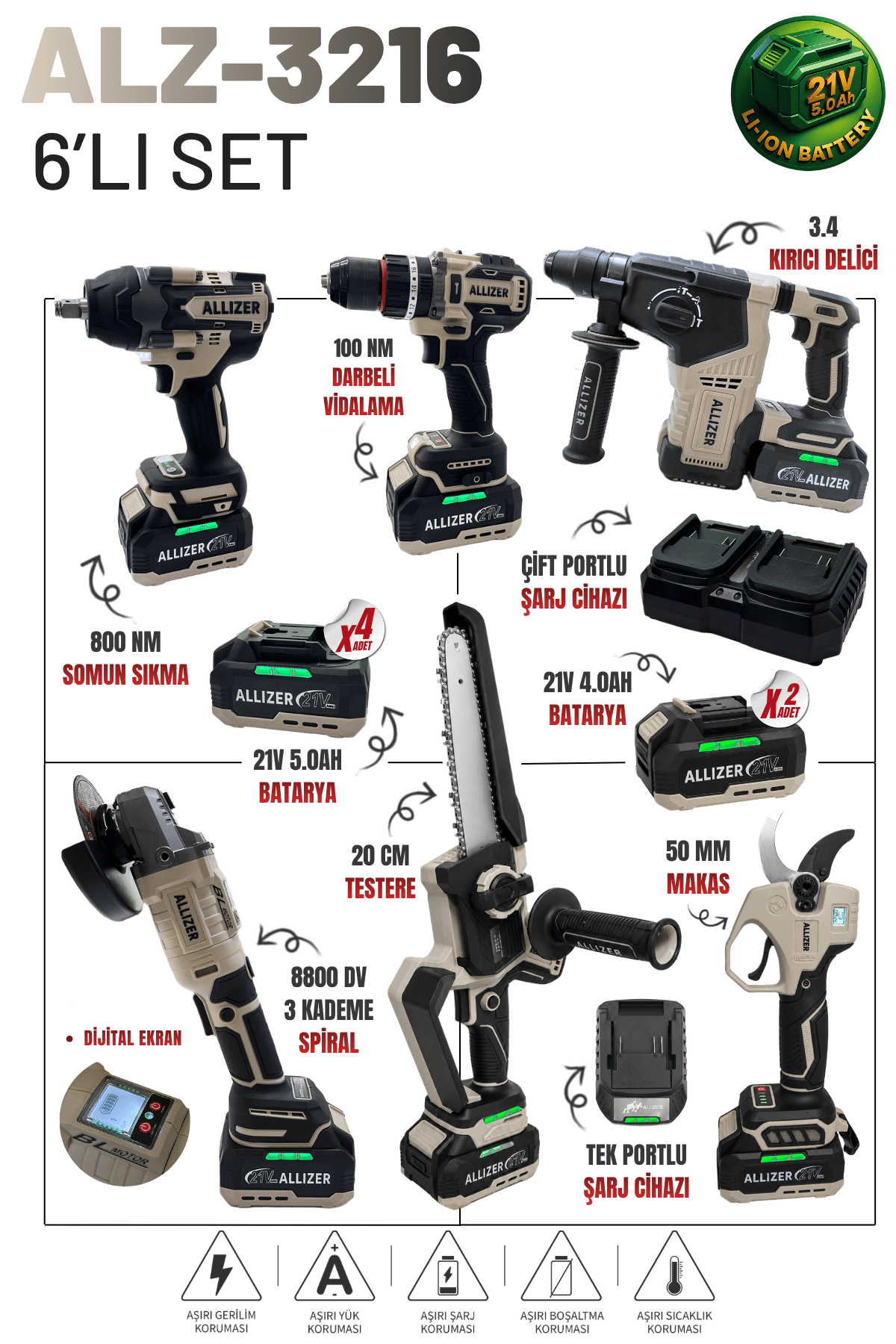 Allizer ALZ-3216 Akülü 6'lı Set DAL BUDAMA MAKASI & TESTERESİ