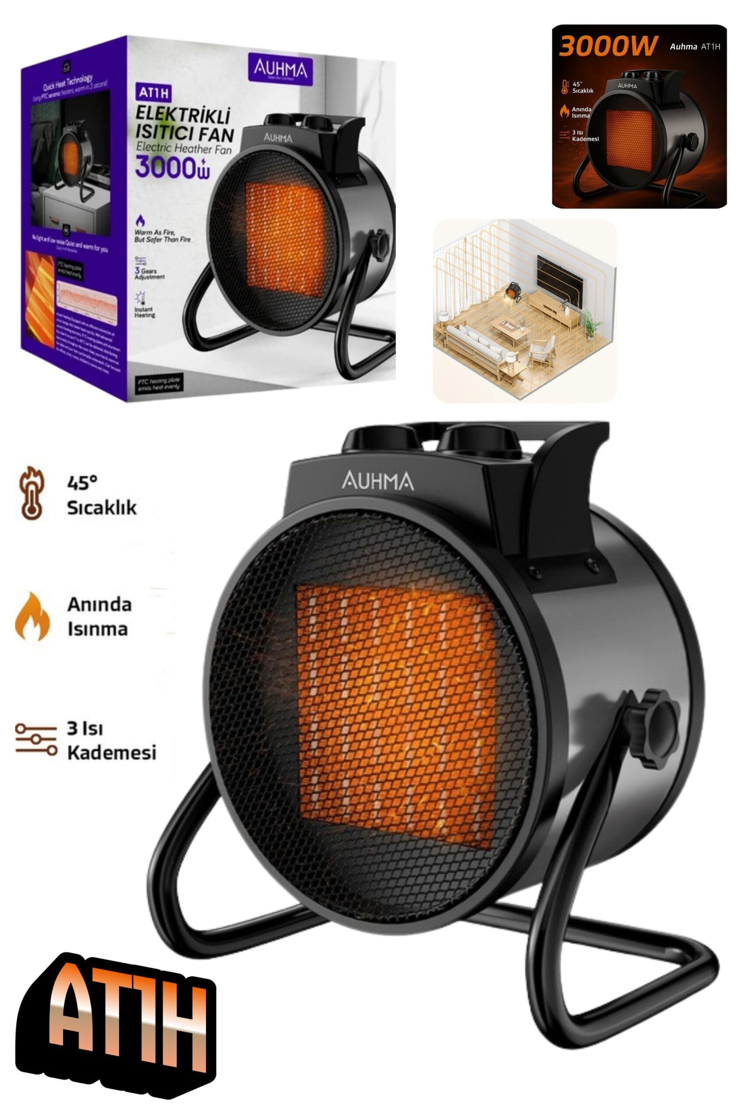 AUHMA AT1H 3000W Elektrikli Isıtıcı Fan – 3 Kademeli Ayar, Sessiz PTC Isıtma Teknolojisi