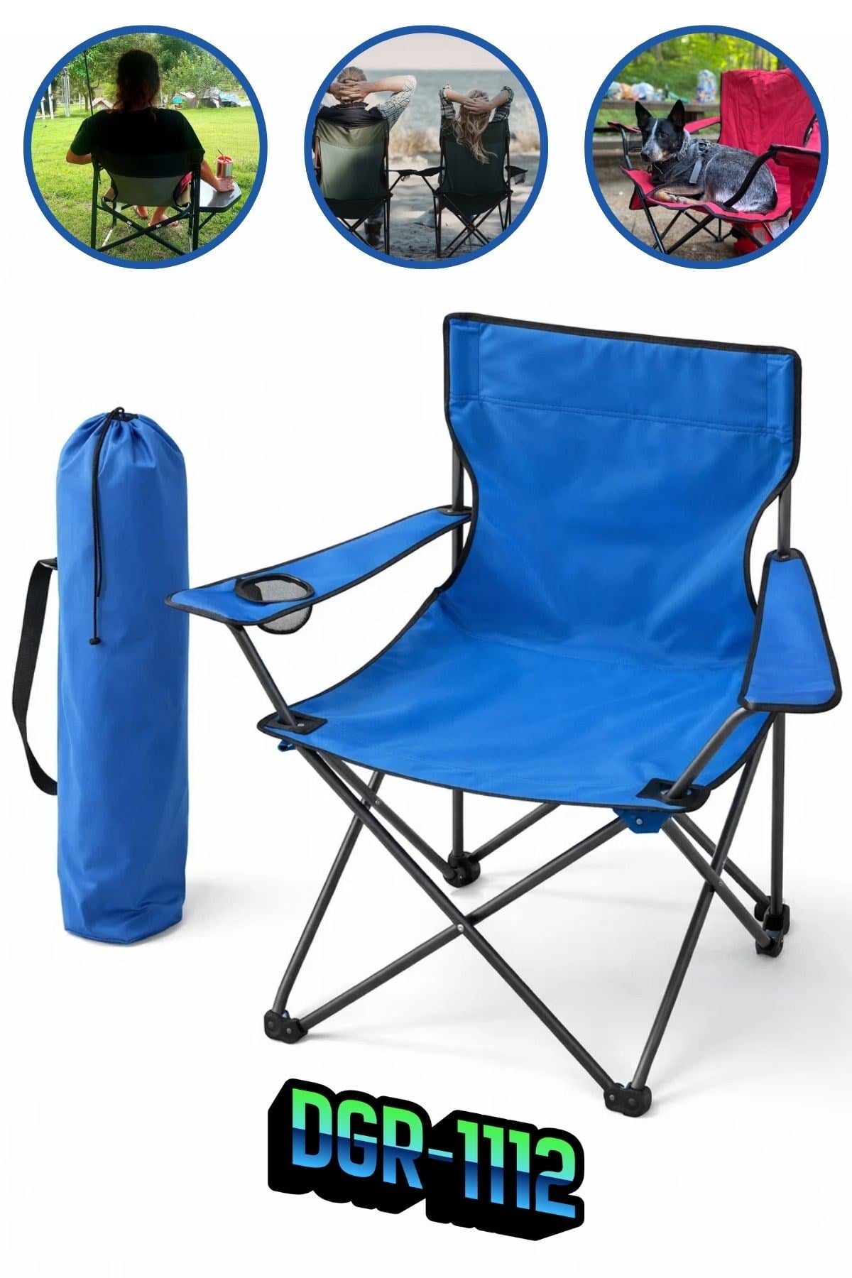 Premium DGR-1112 Katlanır Kamp Sandalyesi – Bardak Tutuculu, Taşıma Çantalı, 120 Kg Kapasiteli